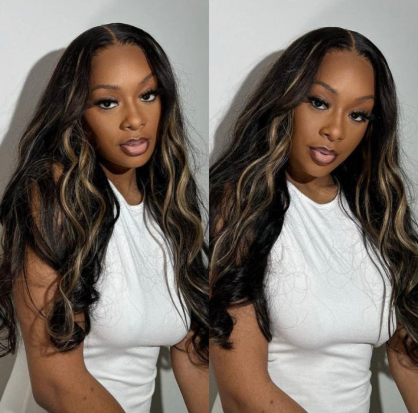 Lushlanes 13x4 Transparent Lace Front Peek A Boo Blonde HighlightsBody Wave Black Wig 150%