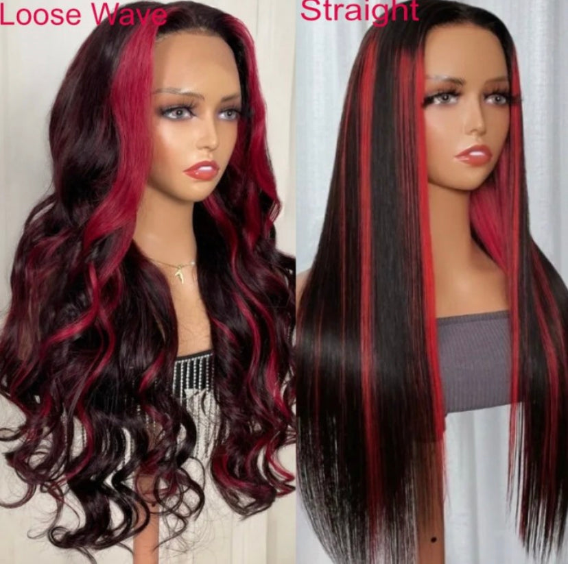 Lushlanes Dark Burgundy With Rose Red Highlights 13×4 Transparent Lace Front Loose Wave Wig 150% Density