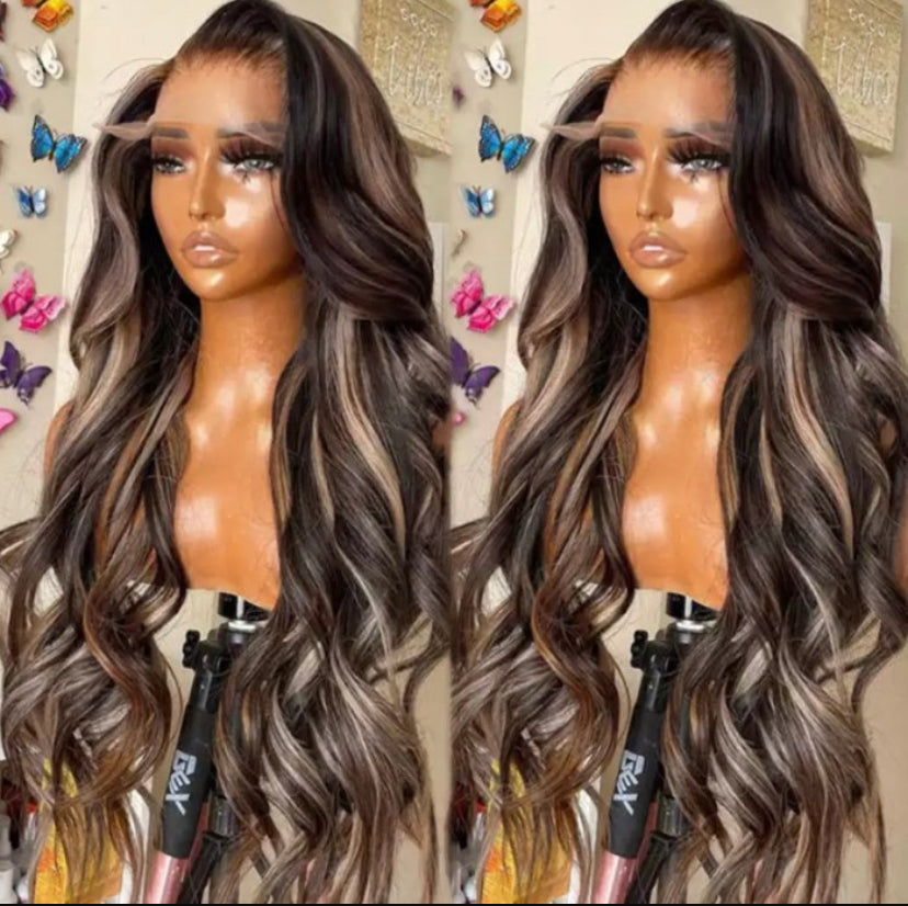 Lushlanes 13x4 Transparent Lace Front Peek A Boo Blonde HighlightsBody Wave Black Wig 150%