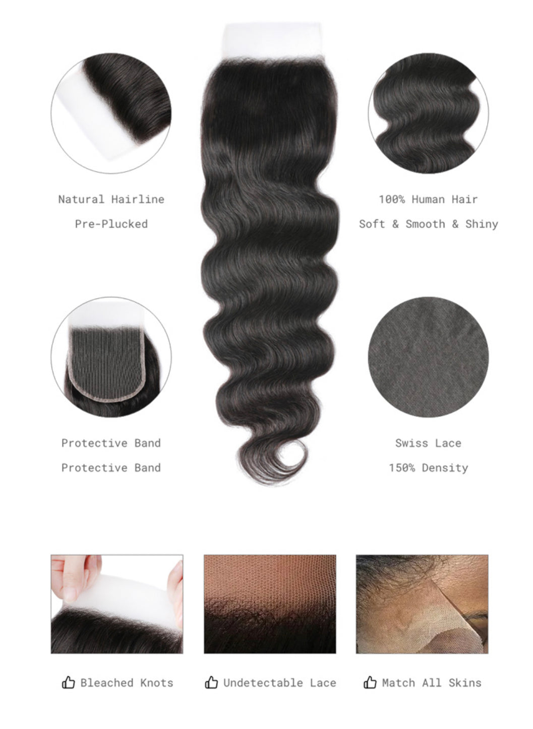 Lushlanes body wave hair 5x5 HD invisible knots lace closure virgin human hair