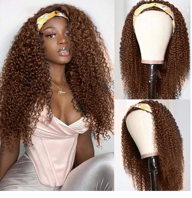 Lushlanes #4 Brown Kinky Curly Headband Human Hair Wigs Full Machine Made Wig None Lace