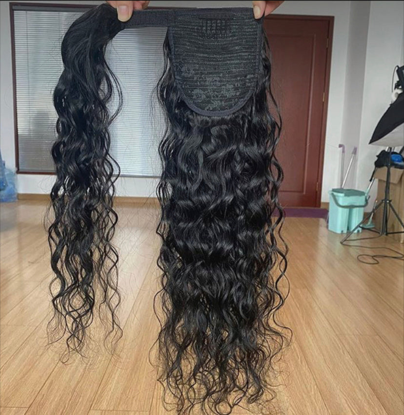 Lushlanes Ponytail Extensions Human Hair Ponytail Natural Black Water Wave