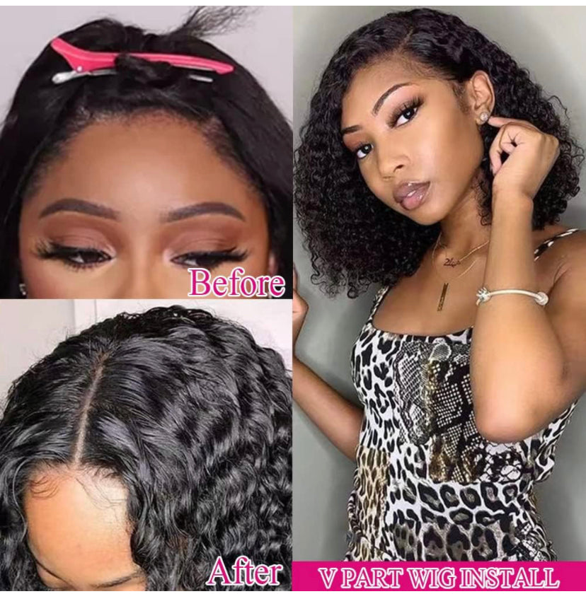Lushlanes Curly Pixie Cut Wig Human Hair Wigs V Part Human Hair Wig No Leave Out Brazilian Human Hair Wig For Black Women Curly Bob Wig 150%