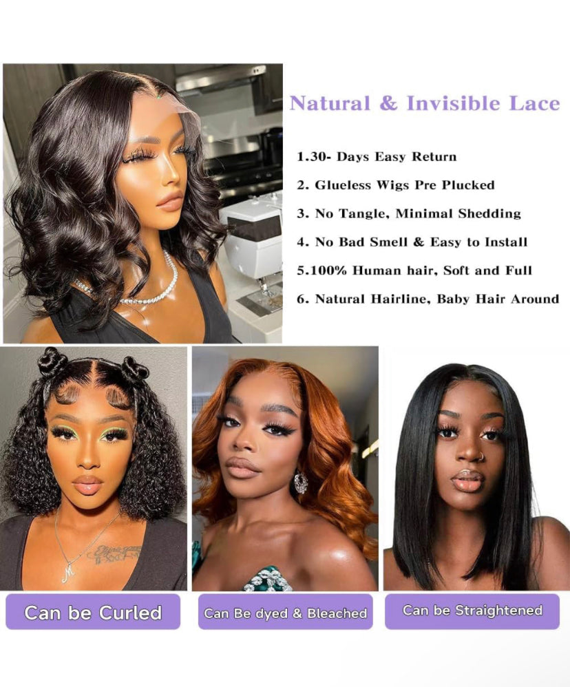 Lushlanes 13x4 Body Wave HD Lace Front Wigs Human Hair Glueless Wigs Human Hair Short Bob Wigs for Black Women Human Hair Natural Black Color