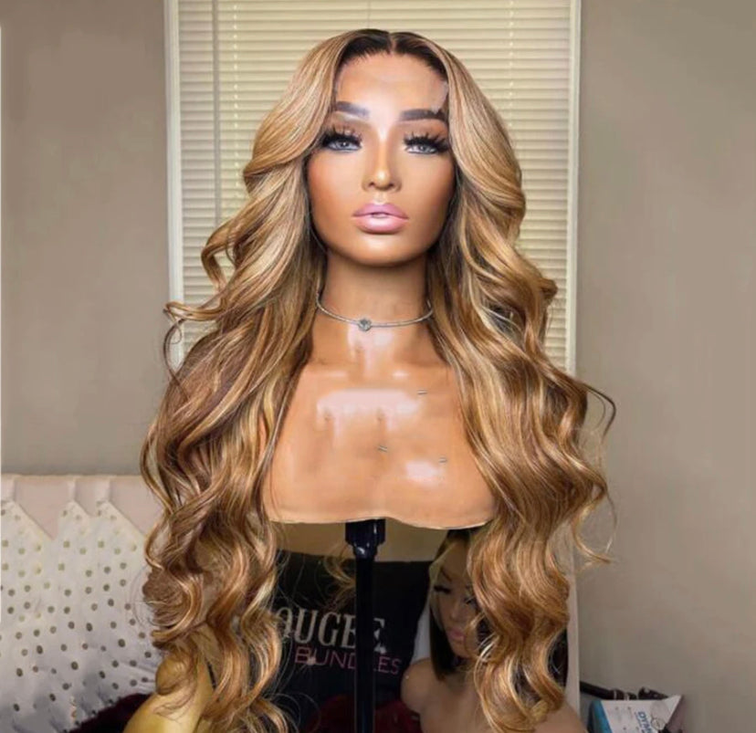 Lushlanes Ombre Brown Hair Honey Blonde Lace Front Wigs For Black Women Body Wave Virgin Human Hair Highlight Lace Frontal Wigs 180% Density