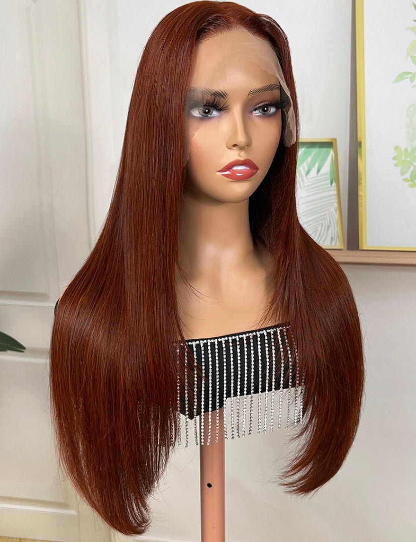 Lushlanes Reddish Brown Pre-Colored Modern Lavered Cut 13×4Transparent Lace Front Layered Cut Straight Season Vibe Wig 150%