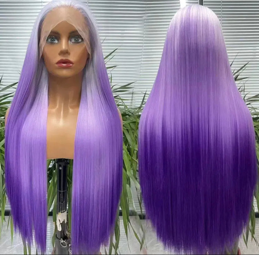 Lushlanes Ombre PurpleLong Fiber Wig Straight Straight 13 × 4 Lace Frontal perruque 150% Densité