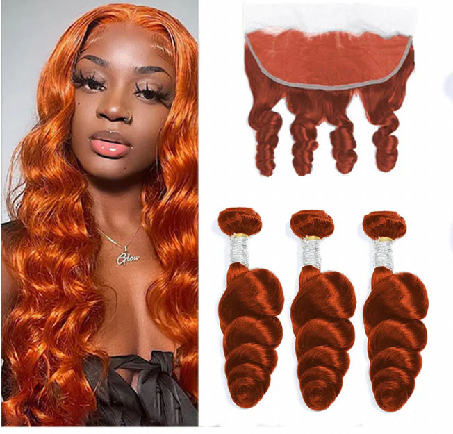 Lushlanes 350 Ginger Color Loose Wave 3 Bundles With 13x4 HD Lace Frontal Human Hair Extension Brazilian Weave