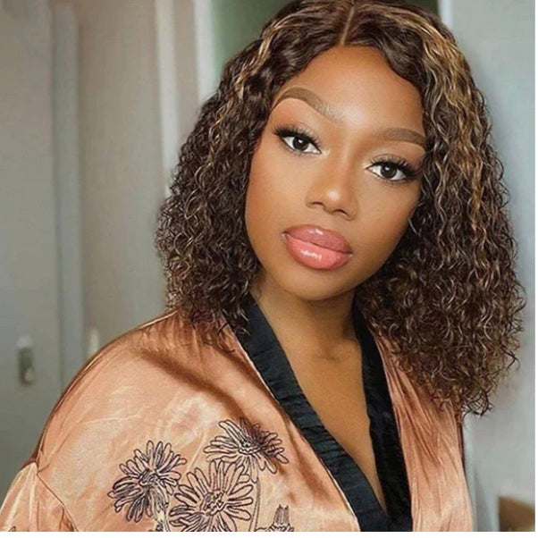 Lushlanes Balayage Blonde Faits Saillants P4/27 Bouclés Bob Perruque Courte Cheveux Humains Avant de Lacet Court Bob Perruques