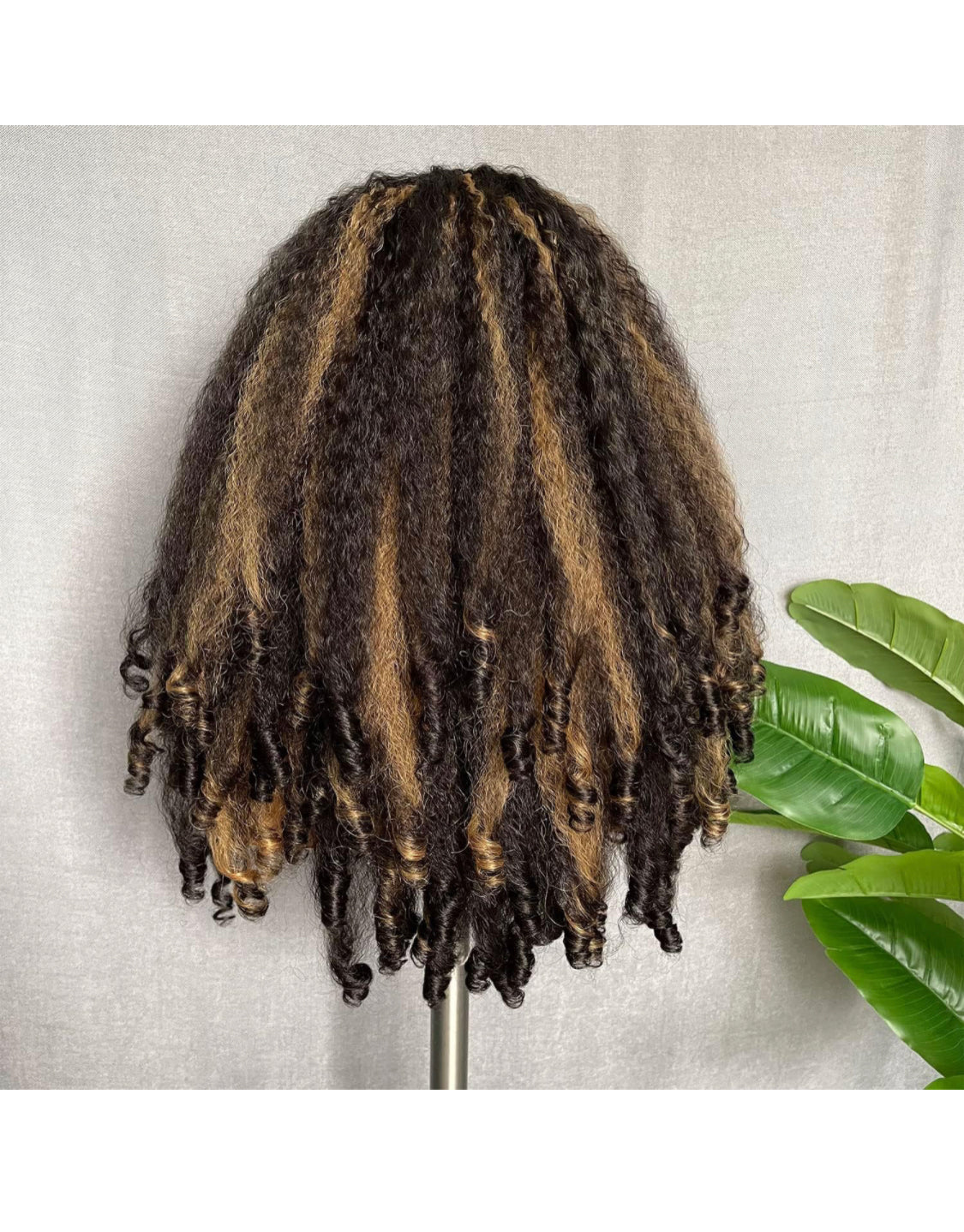Lushlanes Afro Curly Lace Front Wig, Brown Synthetic Highlights, Kinky Straight with Curly Ends, Crimp to Curl T Part, Transparent Lace Front Wig for Black Women