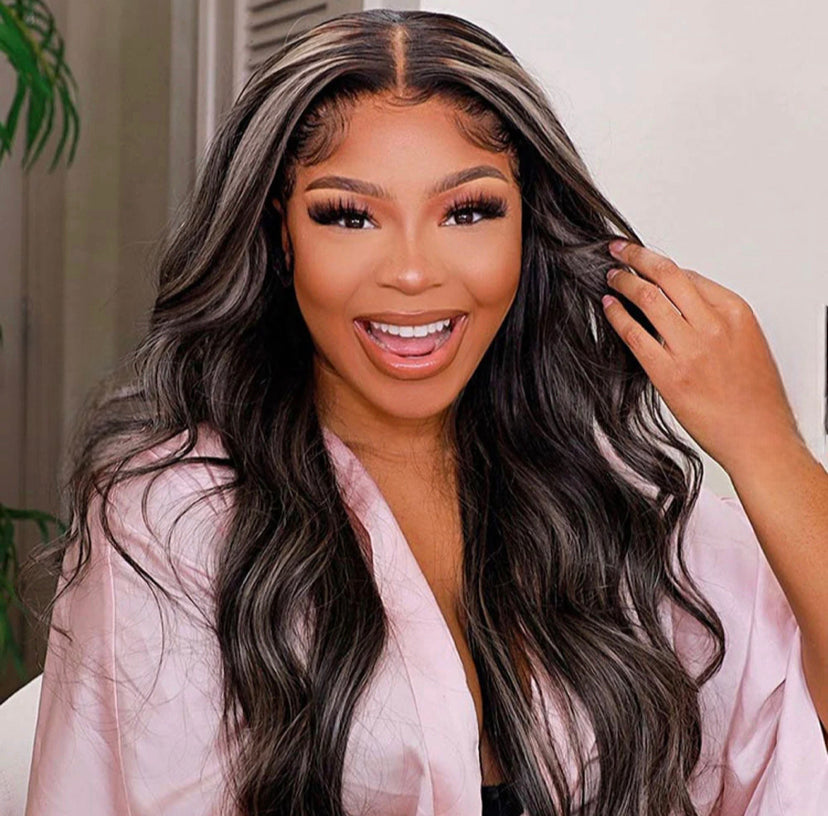 Lushlanes Grey Highlights Wig frontal wig human hair 13x4 for black women 180% Density