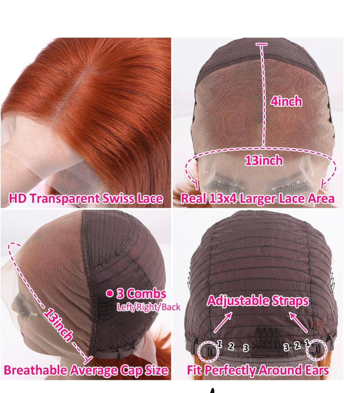 Lushlanes Ginger Orange Bob Human Hair Wig 13x4 HD Lace Front Human Hair Wigs Pre Plucked with Small Knots 350# Colored Lace Front Wigs Bob Straight Wigs for Black Women 150%