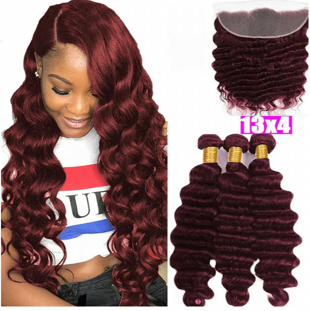 Lushlanes Red Bundles #99j Loose Deep 3 Bundles With 13x4 Transparent Lace Frontal Brazilian Hair
