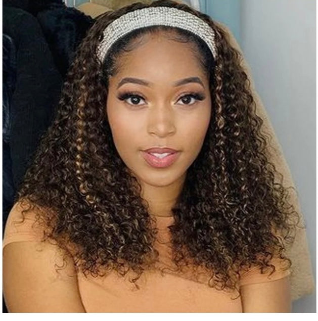 Lushlanes Honey Blonde Highlight Color Kinky Curly Headband Wig Human Hair Wigs
