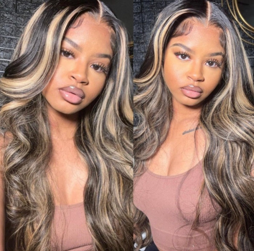 Lushlanes 13x4 Transparent Lace Front Peek A Boo Blonde HighlightsBody Wave Black Wig 150%