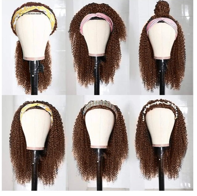 Lushlanes #4 Brown Kinky Curly Headband Human Hair Wigs Full Machine Made Wig None Lace