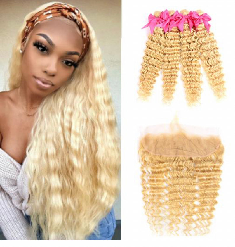Lushlanes 613 Blonde water Wave 4 Bundles with 13×4 Frontal with transparent lace