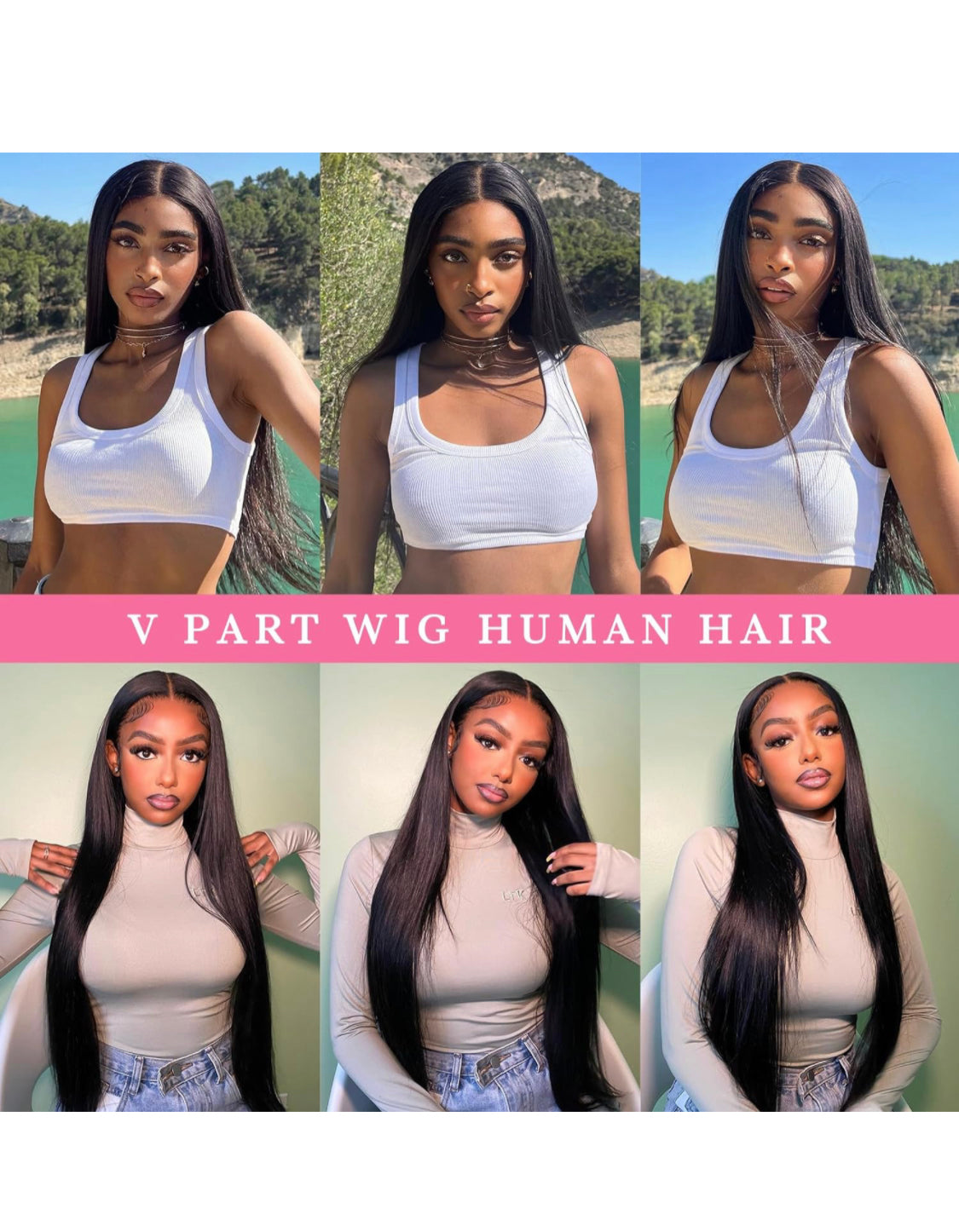 Lushlanes Glueless V Part Human Hair Wig, Straight Clip-in Human Hair Wigs for Black Women, Seamless, No Side Parting, Suitable for Beginners, Natural Black 150%
