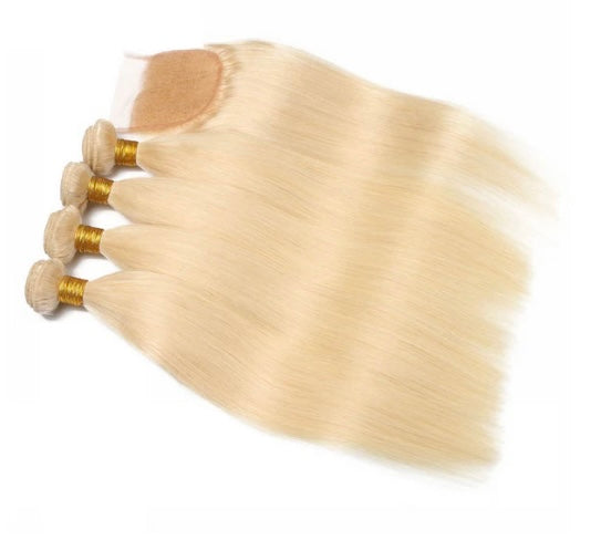 Lushlanes 613 Blonde droite 4 paquets avec fermeture 4*4 cheveux humains vierges