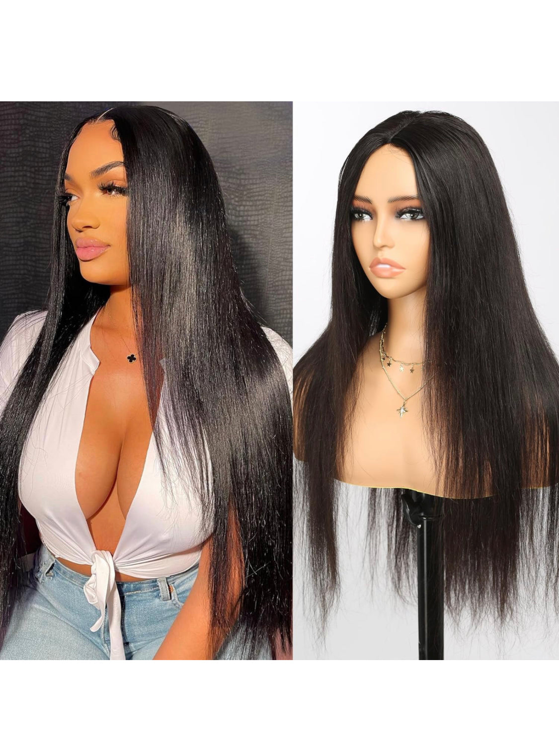 Lushlanes Glueless V Part Human Hair Wig, Straight Clip-in Human Hair Wigs for Black Women, Seamless, No Side Parting, Suitable for Beginners, Natural Black 150%