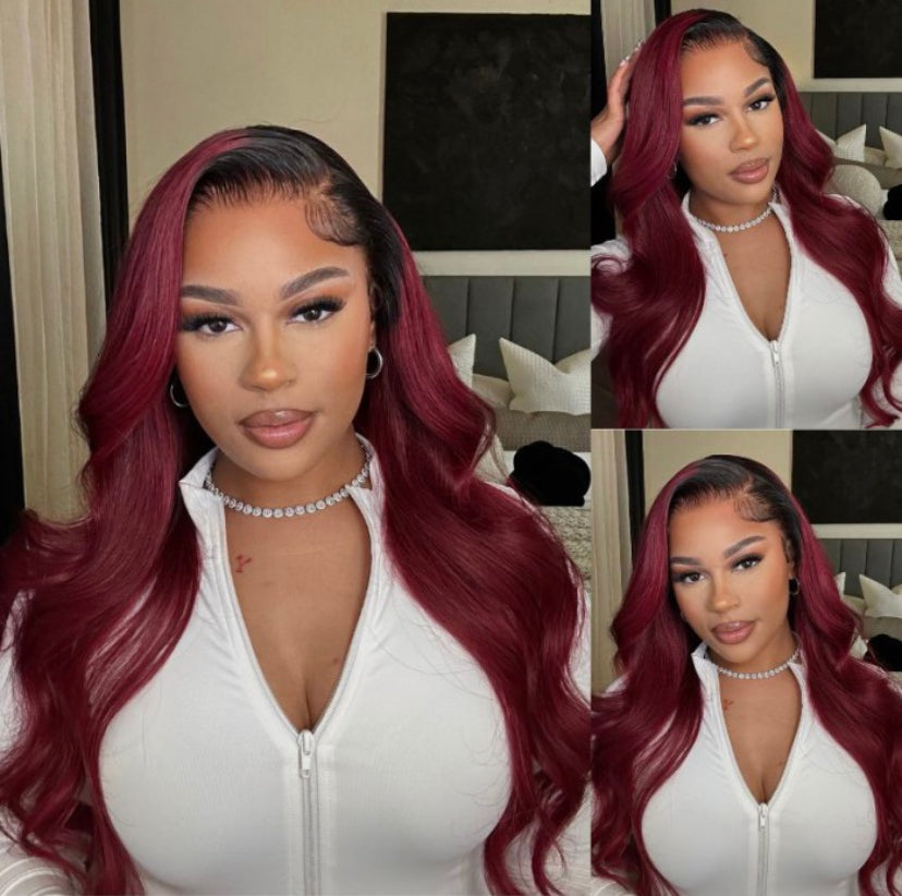 Lushlanes 13×4 Lace Front Burgundy Red With Dark Roots Body Wave Wig 150% Density