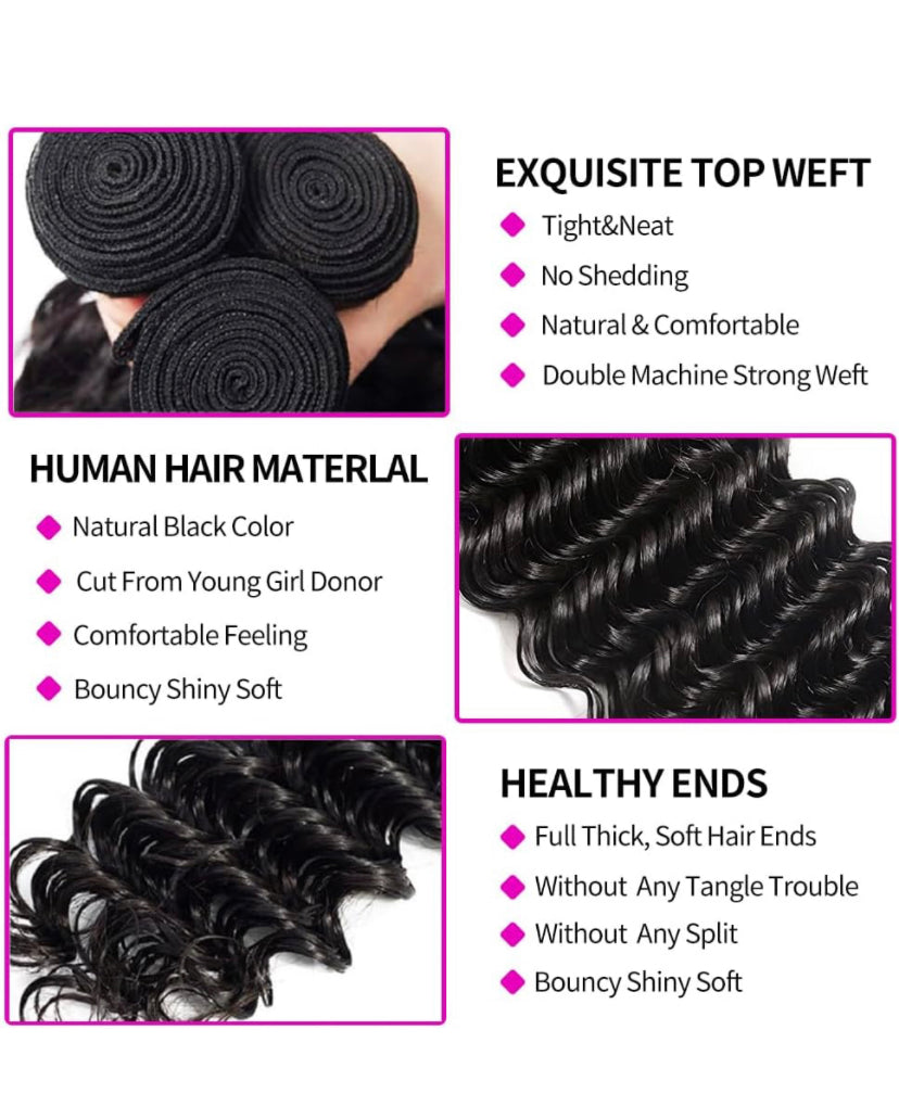Lushlanes A Deep Wave Bundles Cheveux Humains Brésiliens Deep Wave Bouclés 3 Bundles Cheveux Humains Non Transformés Vierges Humides et Ondulés Bundles Double Trame Deep Wave HairBundles Naturel Noir