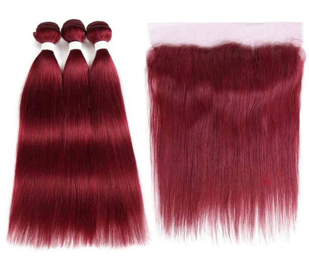Lushlanes red bundles burg straight hair 3 Bundles With 13x4 Lace Frontal Pre Colored