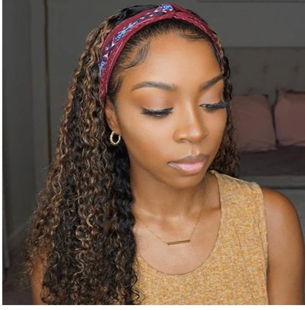Lushlanes Honey Blonde Highlight Color Kinky Curly Headband Wig Human Hair Wigs