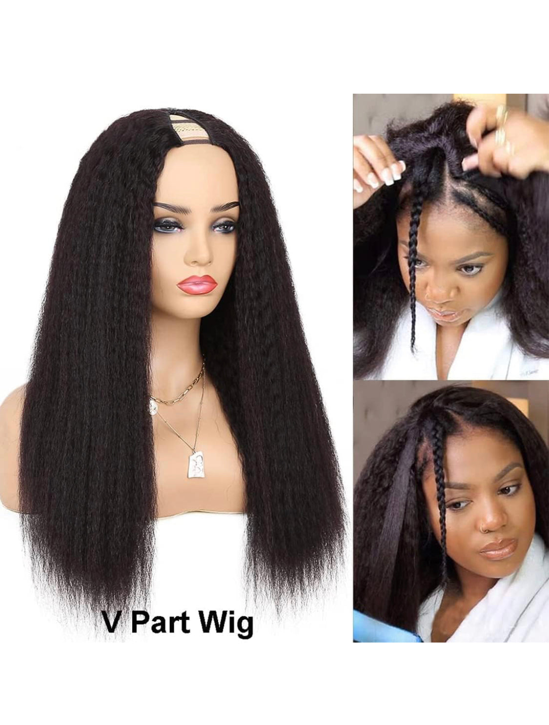 Lushlanes Perruques de cheveux humains V Part pour femmes noires, cheveux crépus raides 12A, cheveux vierges sans dentelle, perruques de cheveux humains, tête complète à clipser, demi-perruque 150 %
