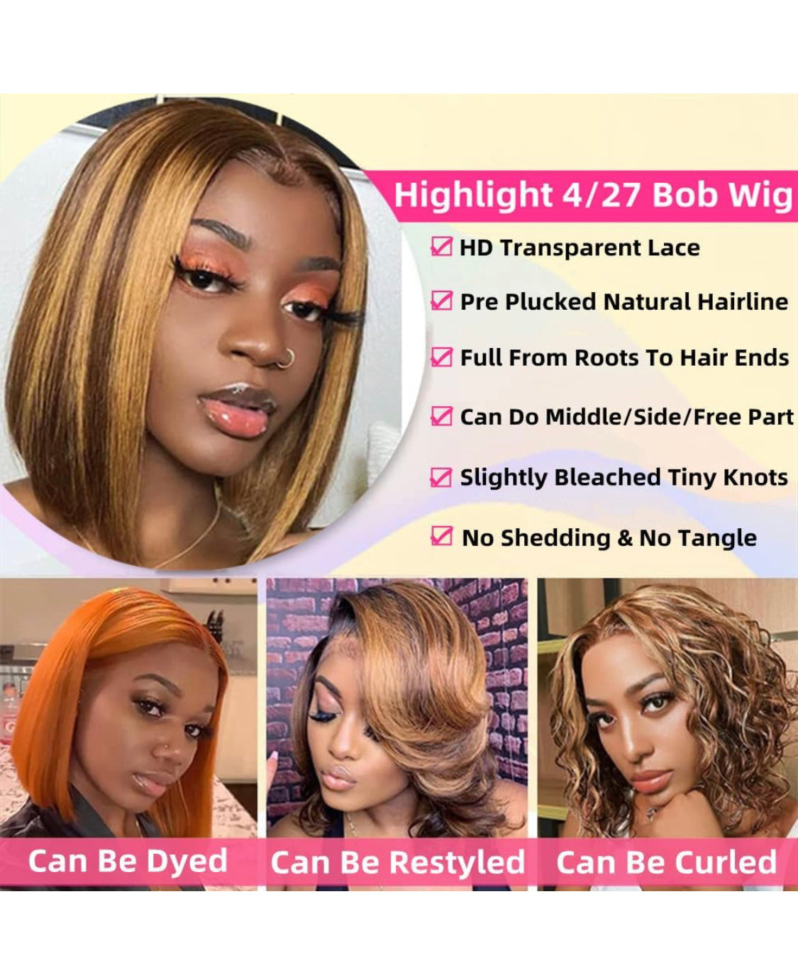 Lushlanes Highlight Lace Front Bob Wig Human Hair Ombre Honey Blonde 13x4 HD Lace Front Human Hair Wigs Color Transparent Lace Frontal Wigs