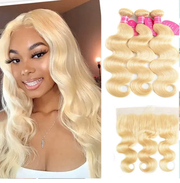 Lushlanes 613 Blonde Body wave 4 Bundles with
13*4 Frontal Human Virgin Hair transparentlace