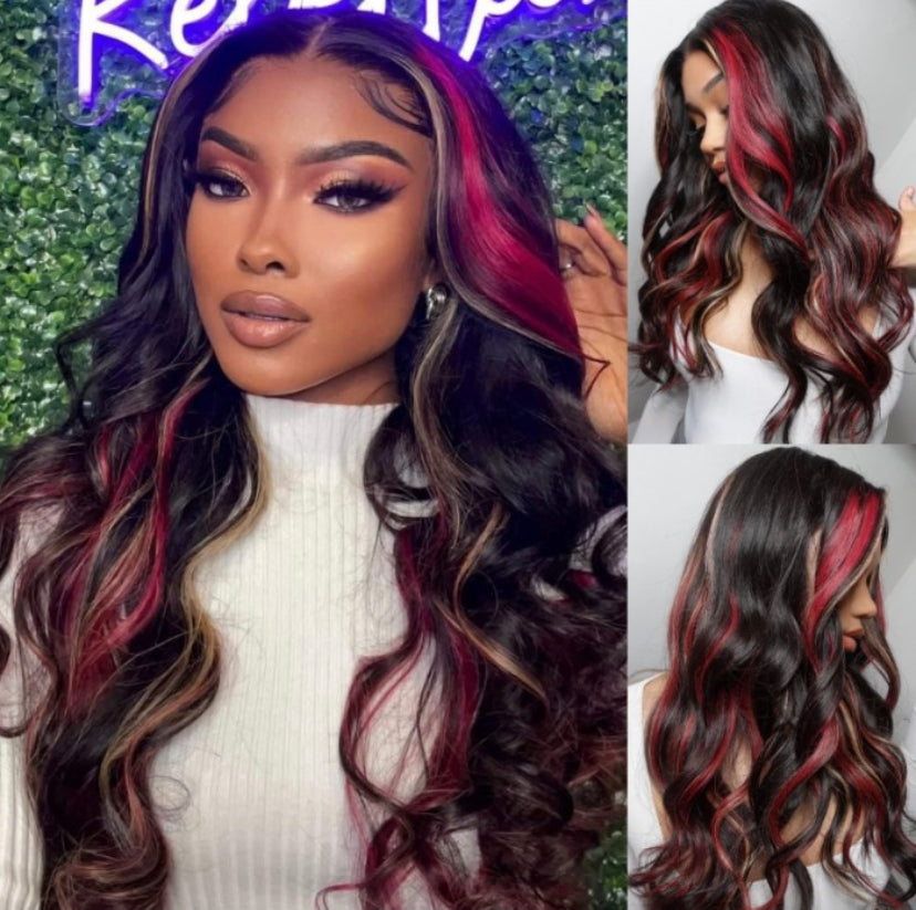 Lushlanes Noir avec des reflets rouges et blonds 13 × 4 Lace Front Perruque Loose Wave rouge et blonde 150%