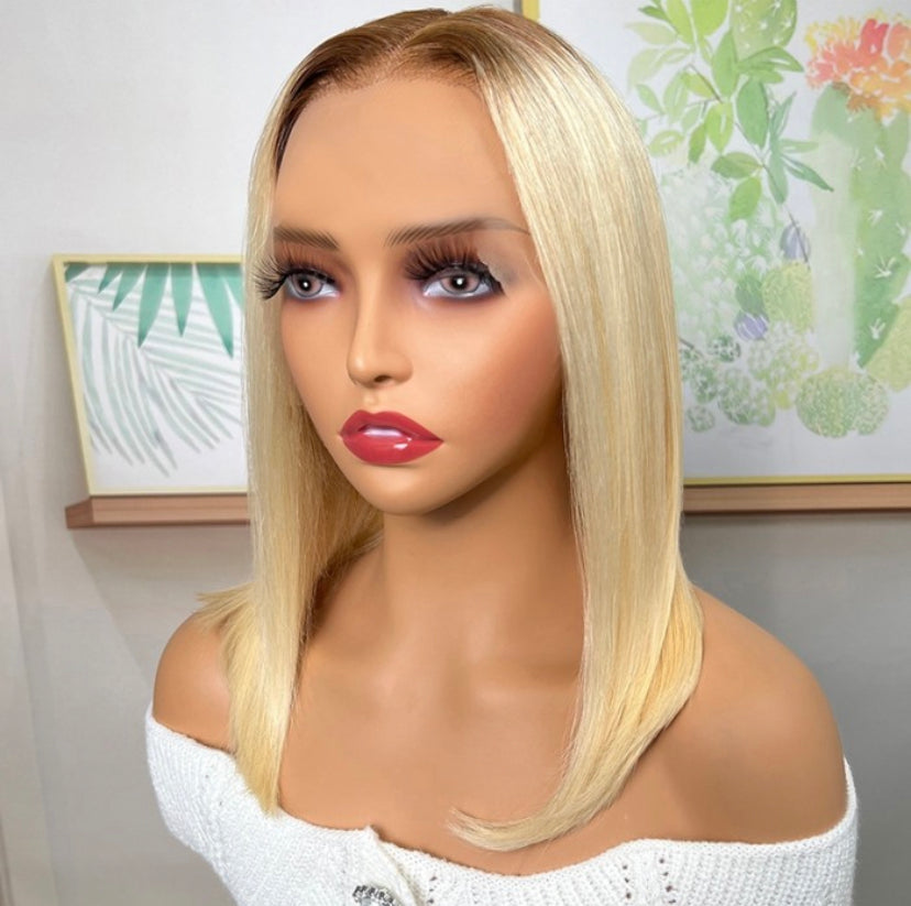 Lushlanes 613 Blonde With Brown Roots 13×4 Lace Front Straight bob Wig 150% Density