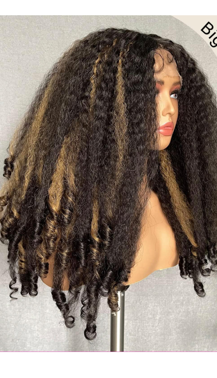 Lushlanes Afro Curly Lace Front Wig, Brown Synthetic Highlights, Kinky Straight with Curly Ends, Crimp to Curl T Part, Transparent Lace Front Wig for Black Women