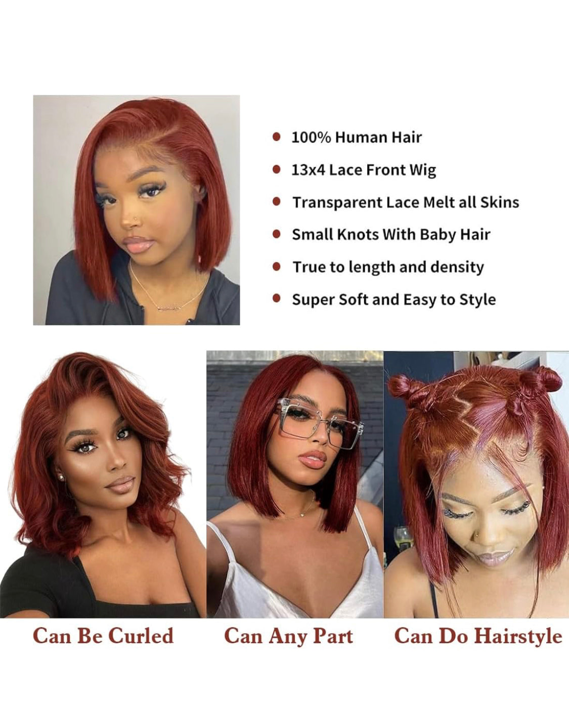 Lushlanes Bob Human Hair Reddish Brown, Straight Bob Lace Front Human Hair Wigs 180% Density 13X4 Lace Frontal Colored Bob Wig for Women