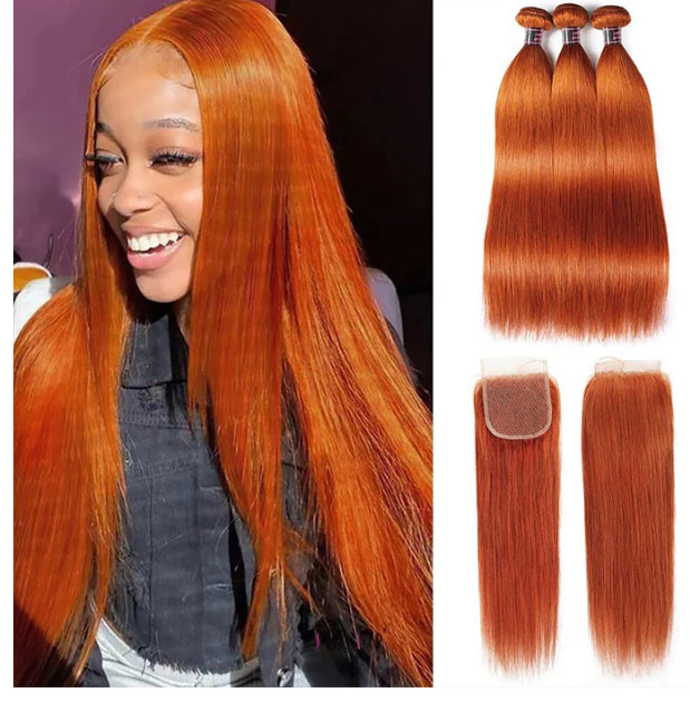 Lushlanes #350 Ginger Straight 3 Bundles With 4X4 Lace Closure Brazilian Human Hair