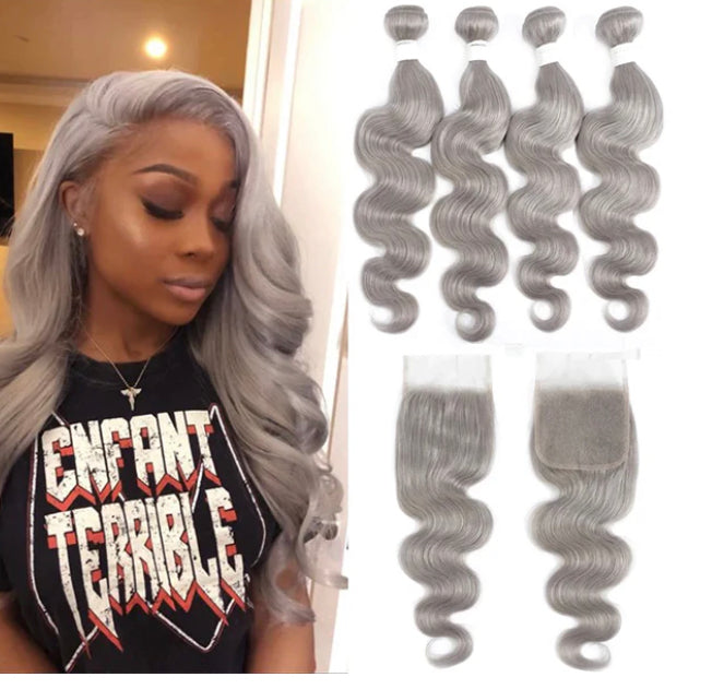 Lushlanes gris argent vague de corps 4 paquets avec fermeture 4 × 4 100% Extensions de cheveux humains