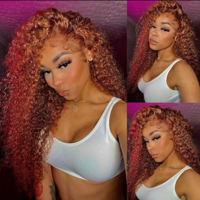 Lushlanes Medium Auburn Jerry Curly Human Hair Glueless Lace Wig 150%