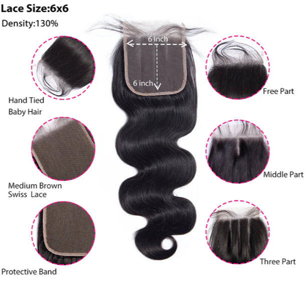Lushlanes Body Wave 4 paquets avec fermeture 5x5 dentelle 100% cheveux humains vierges