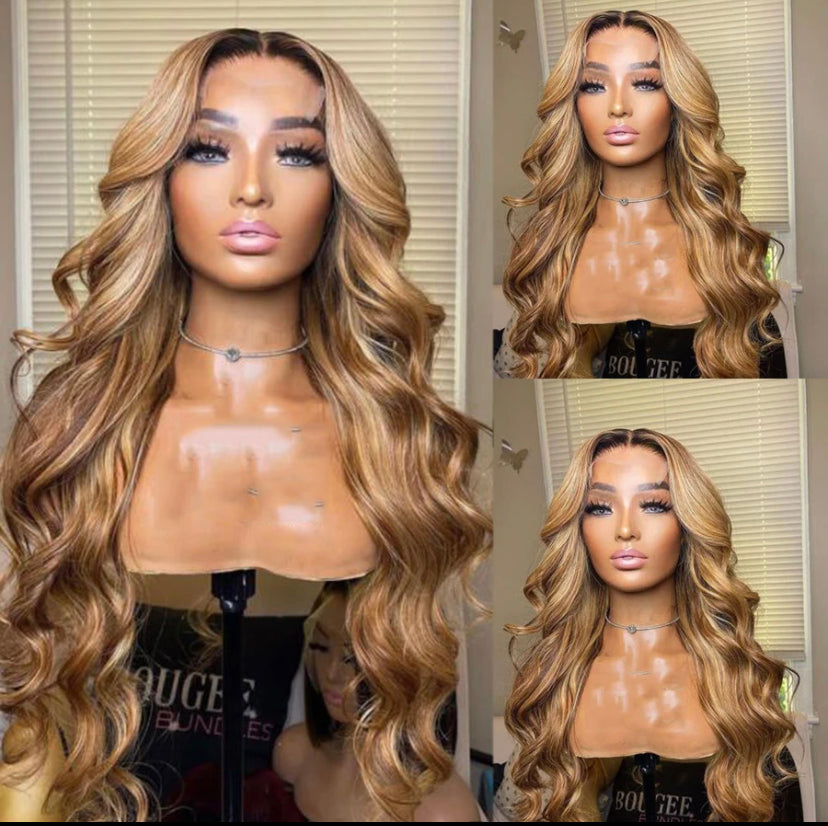 Lushlanes Ombre Brown Hair Honey Blonde Lace Front Wigs For Black Women Body Wave Virgin Human Hair Highlight Lace Frontal Wigs 180% Density