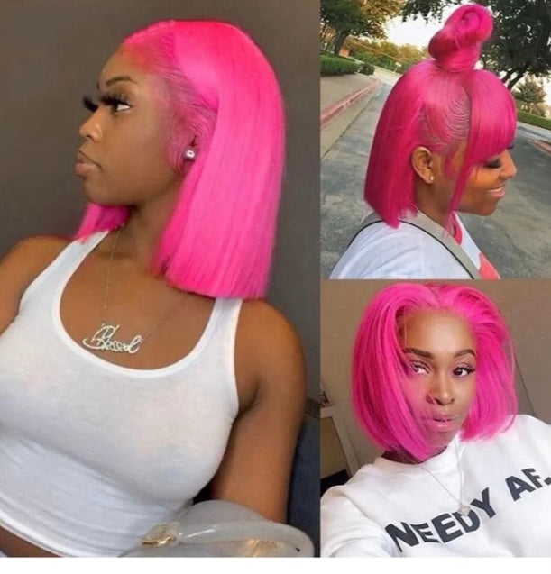 Lushlanes Hot Dark Pink Straight Short Bob Lace Front Wig Human Hair Transparent Lace