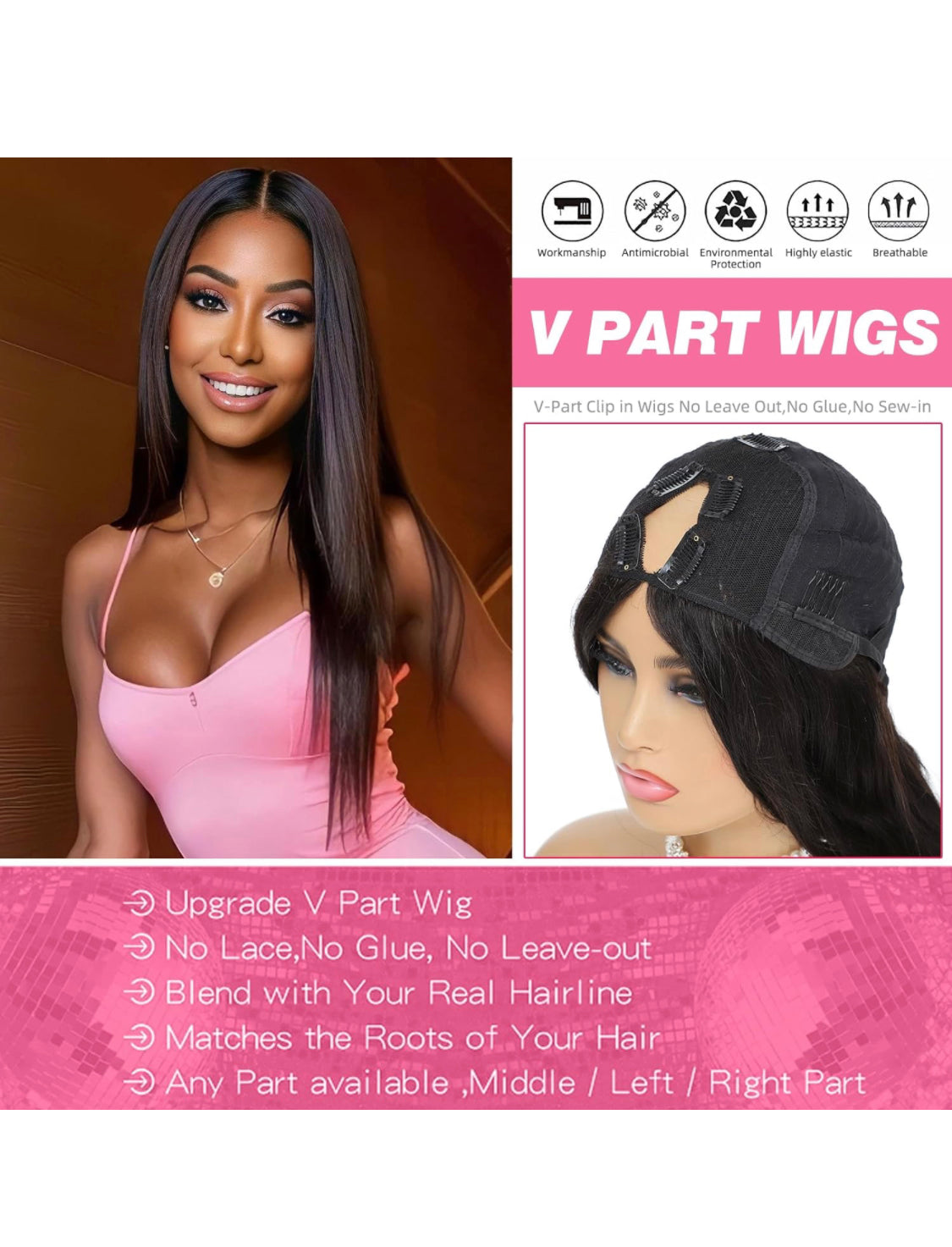 Lushlanes Glueless V Part Human Hair Wig, Straight Clip-in Human Hair Wigs for Black Women, Seamless, No Side Parting, Suitable for Beginners, Natural Black 150%