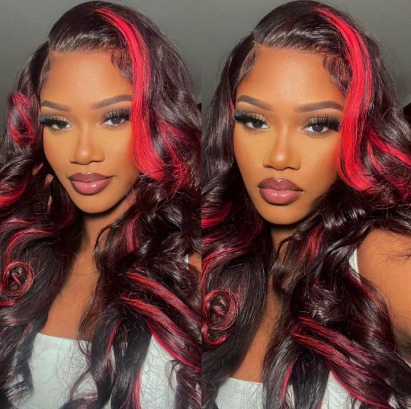 Lushlanes Dark Burgundy With Rose Red Highlights 13×4 Transparent Lace Front Loose Wave Wig 150% Density