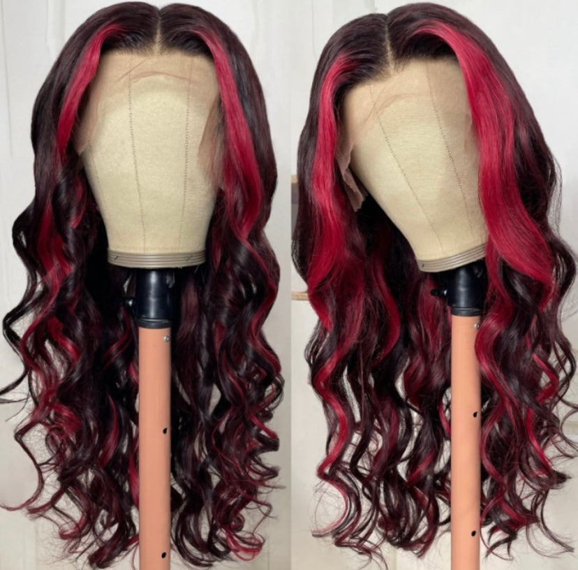 Lushlanes Dark Burgundy With Rose Red Highlights 13×4 Transparent Lace Front Loose Wave Wig 150% Density