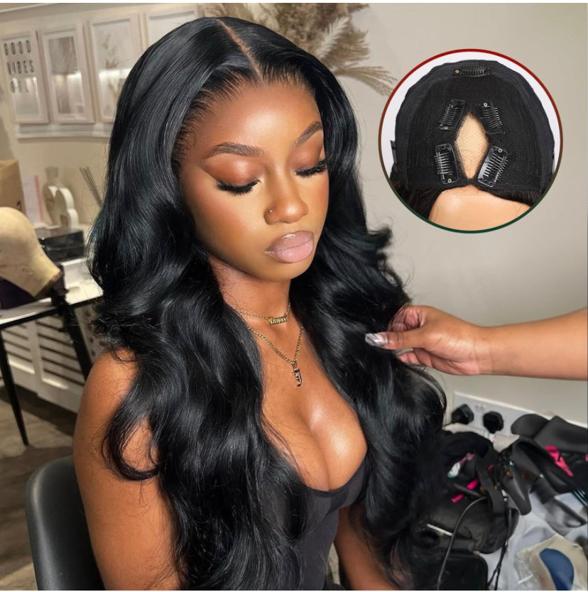 Lushlanes V Part Wig Cheveux Humains Vague de Corps Perruques de Cheveux Humains Brésiliens pour Femmes Noires Sans ColleTête Complète Clip en Demi Perruque Forme en V Perruques Sans laisser de côté Couleur Naturelle 150%