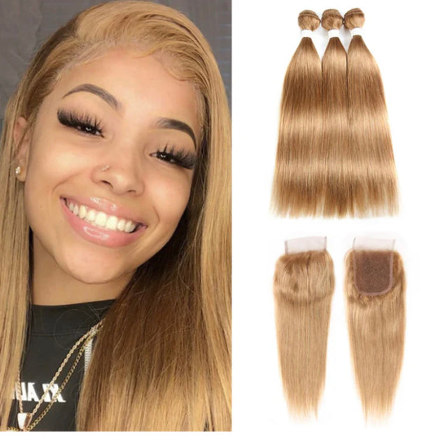Lushlanes #27 light Brown Straight Hair 3 Bundles With Closure 4x4 pre Colored 100% virgin human hair