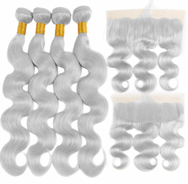 Lushlanes silver gray Body Wave 4 Bundles With 13x4 frontal Brazilian Human Hair Weave