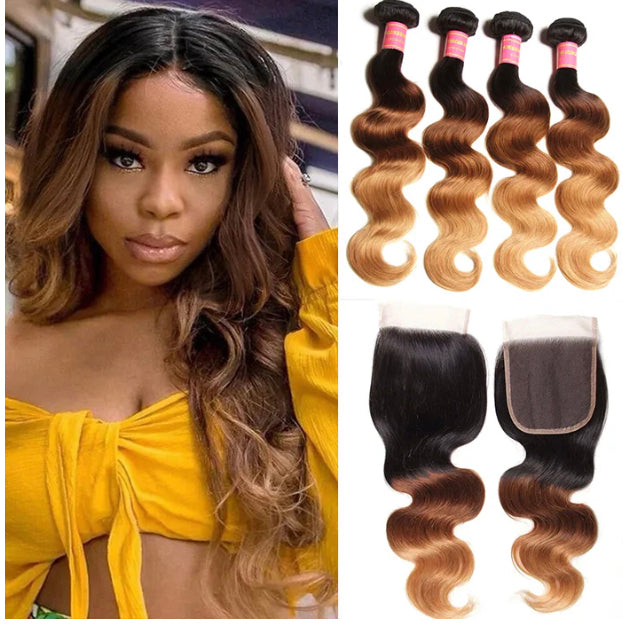 Malaysian Ombre 1b/4/27 Body Wave 4 Bundles with 4X4 lace Closure Human
Hair