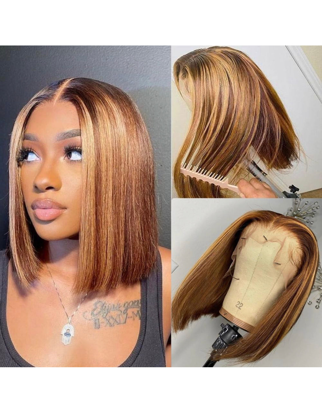 Lushlanes 12 inch Highlight Honey Blonde Lace Front Wig Human Hair Ombre HD Lace Frontal Bob Wigs Human Hair Glueless Ombre Brown Wig Highlight Bob Wig 150%
