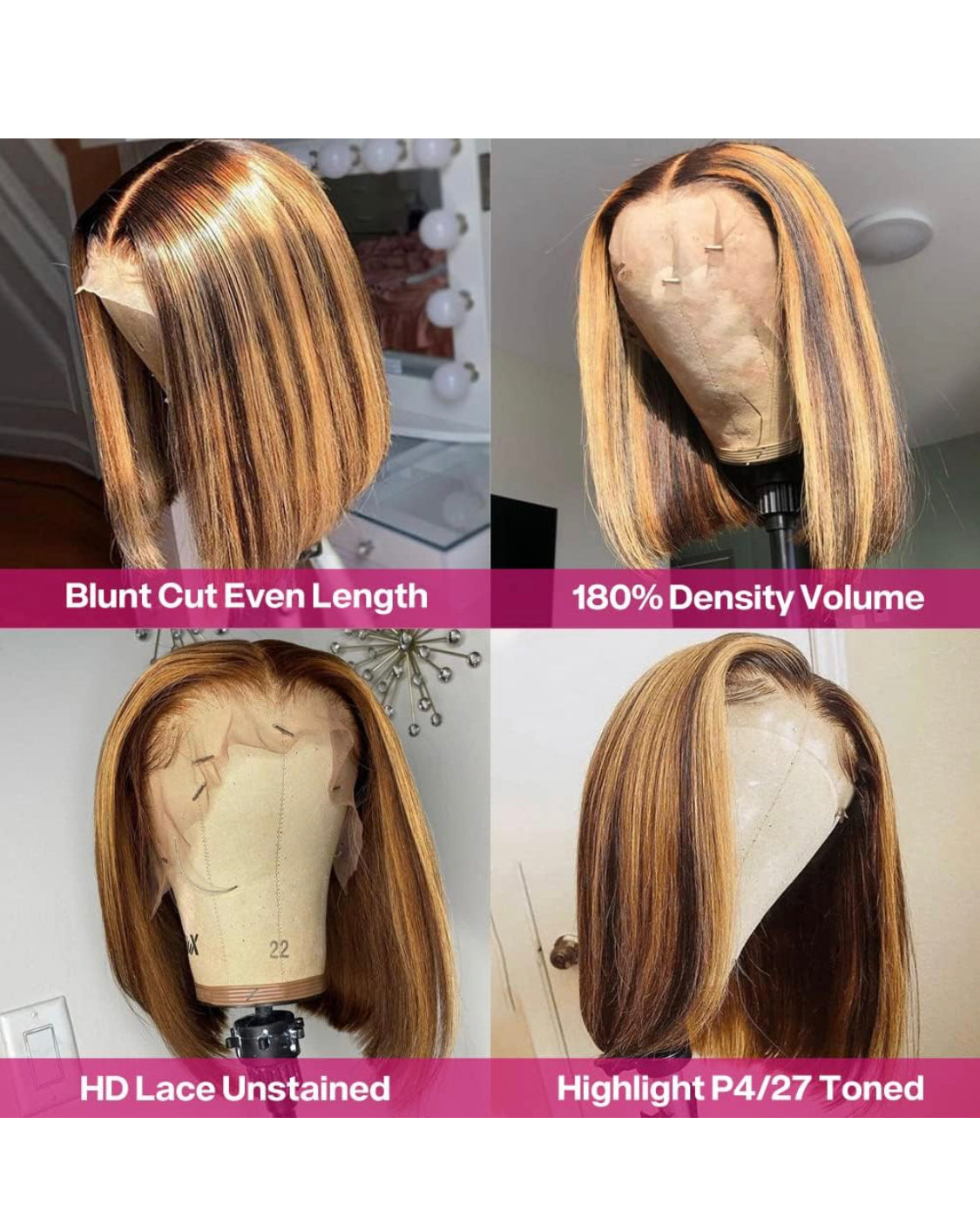 Lushlanes 12 inch Highlight Honey Blonde Lace Front Wig Human Hair Ombre HD Lace Frontal Bob Wigs Human Hair Glueless Ombre Brown Wig Highlight Bob Wig 150%